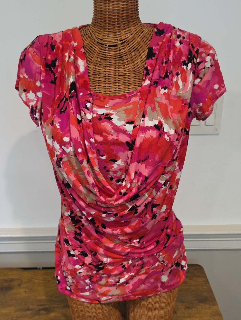 Anne Klein Pink Multi Cowl Neck Draped Blouse Womens Size Small